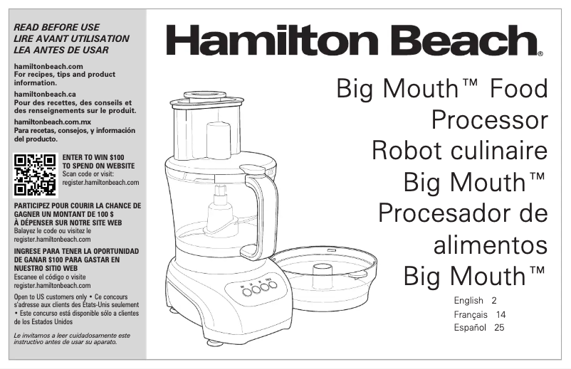Page 1 de la notice Manuel d'utilisation et d'entretien Hamilton Beach Big Mouth 70580
