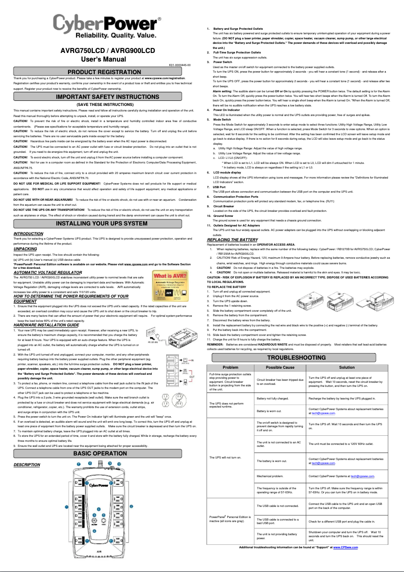 Page n°1 - Manuel utilisateur CyberPower AVRG750U