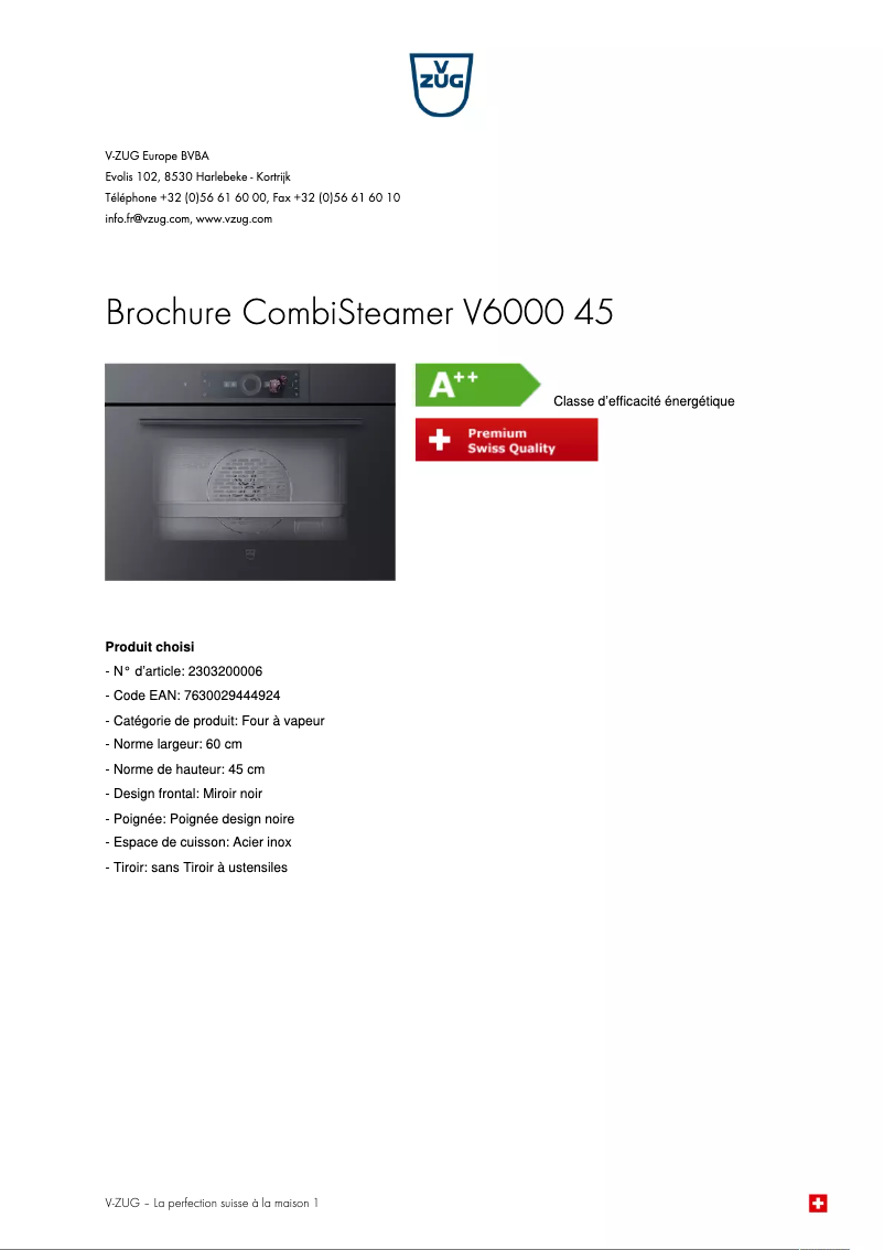 Page 1 de la notice Brochure V-Zug CombiSteamer V6000 45