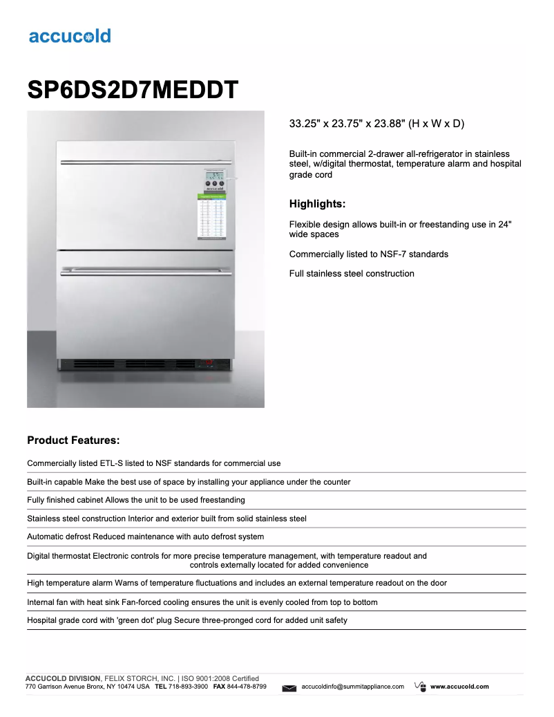 Page n°1 - Fiche technique Summit Accucold SP6DS2D7MEDDT