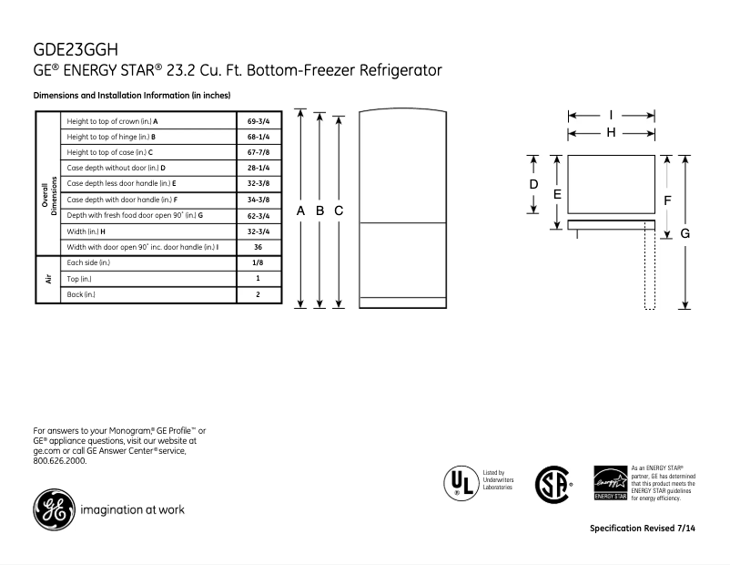 Page 1 de la notice Fiche technique GE GDE23GGHWW