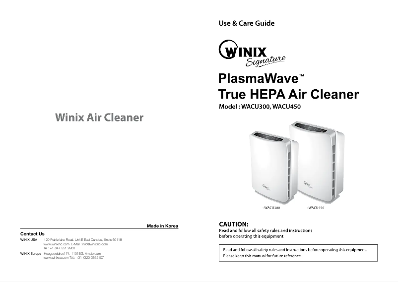 Page 1 de la notice Manuel utilisateur Winix U300-EU