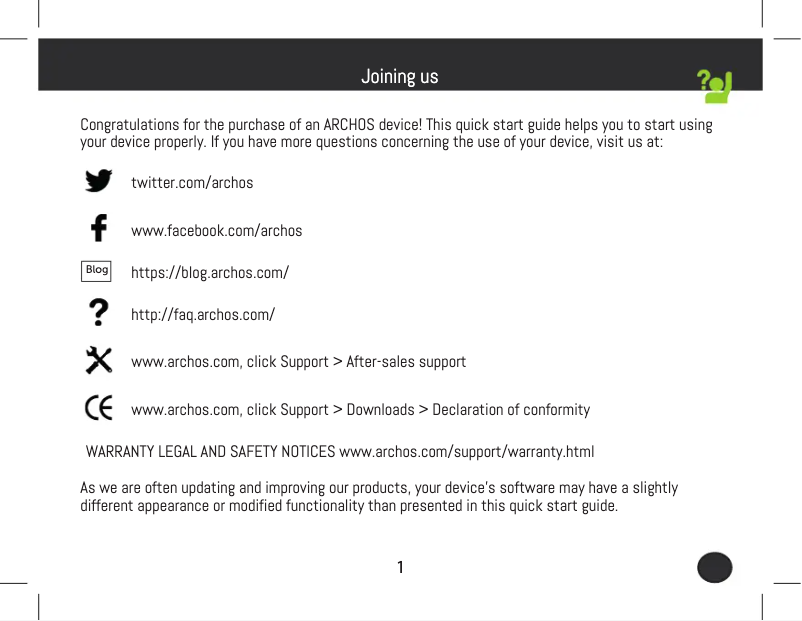 Page 1 de la notice Guide de démarrage rapide Archos Access 101 3G