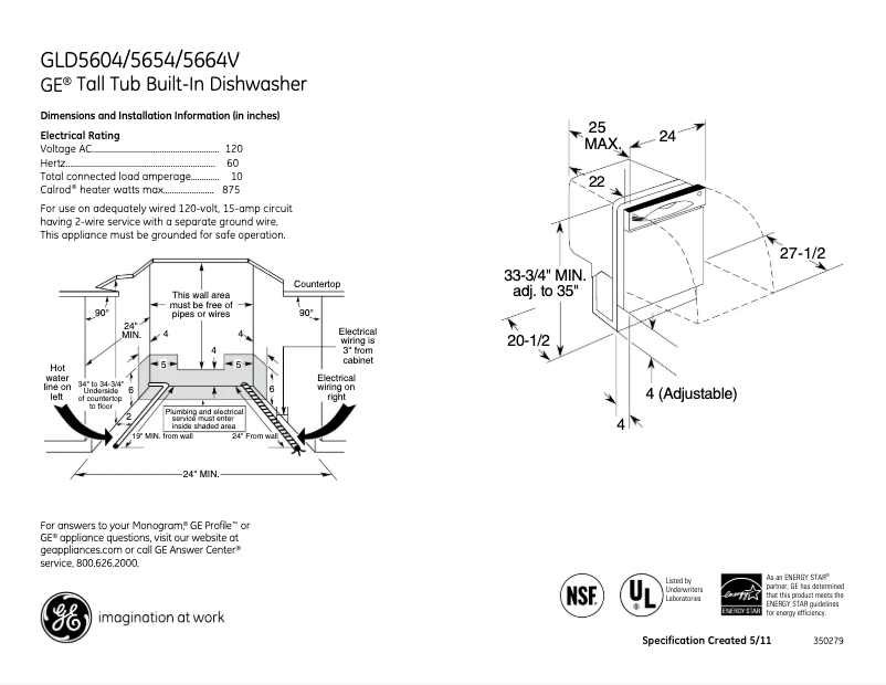 Page 1 de la notice Fiche technique GE GLD5664VSS