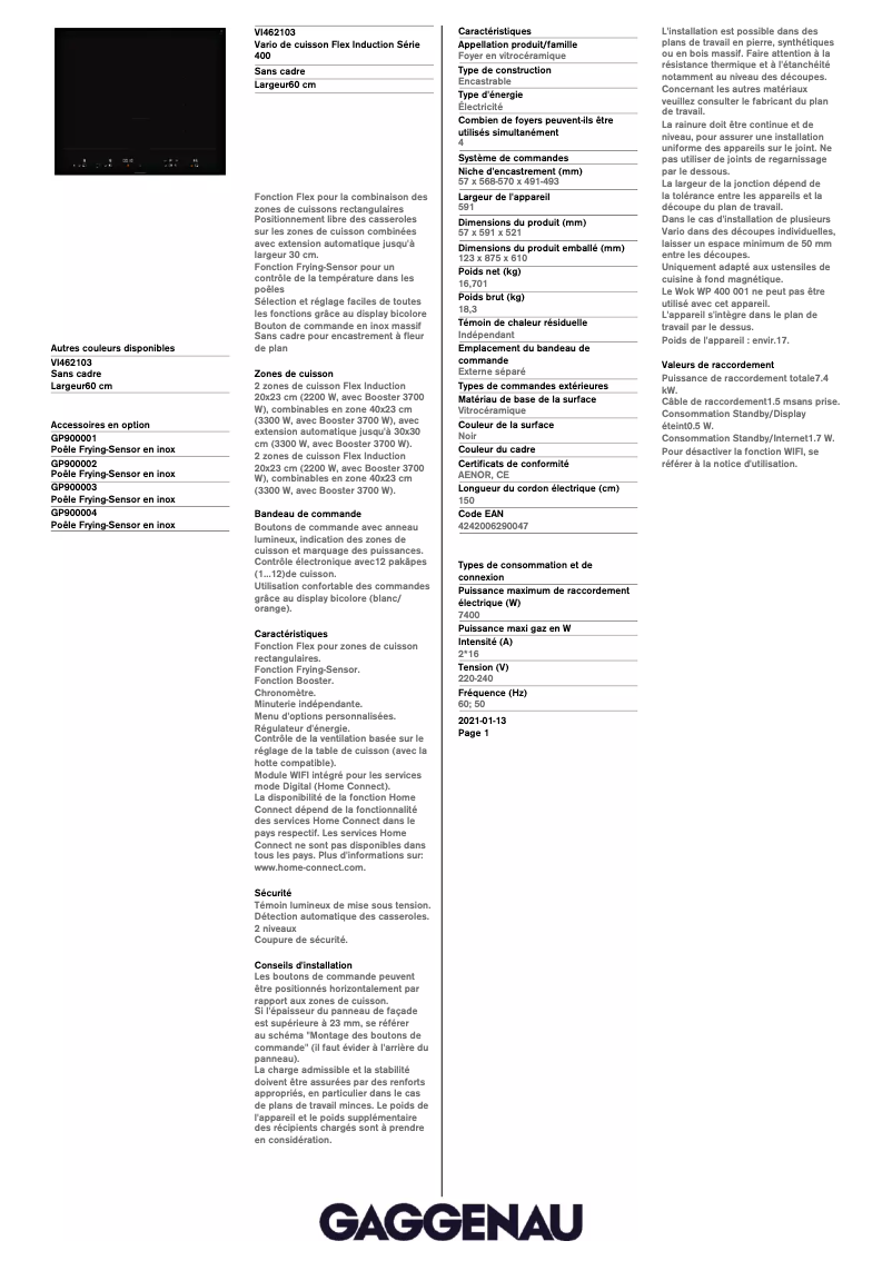 Page 1 de la notice Fiche technique Gaggenau VI462103