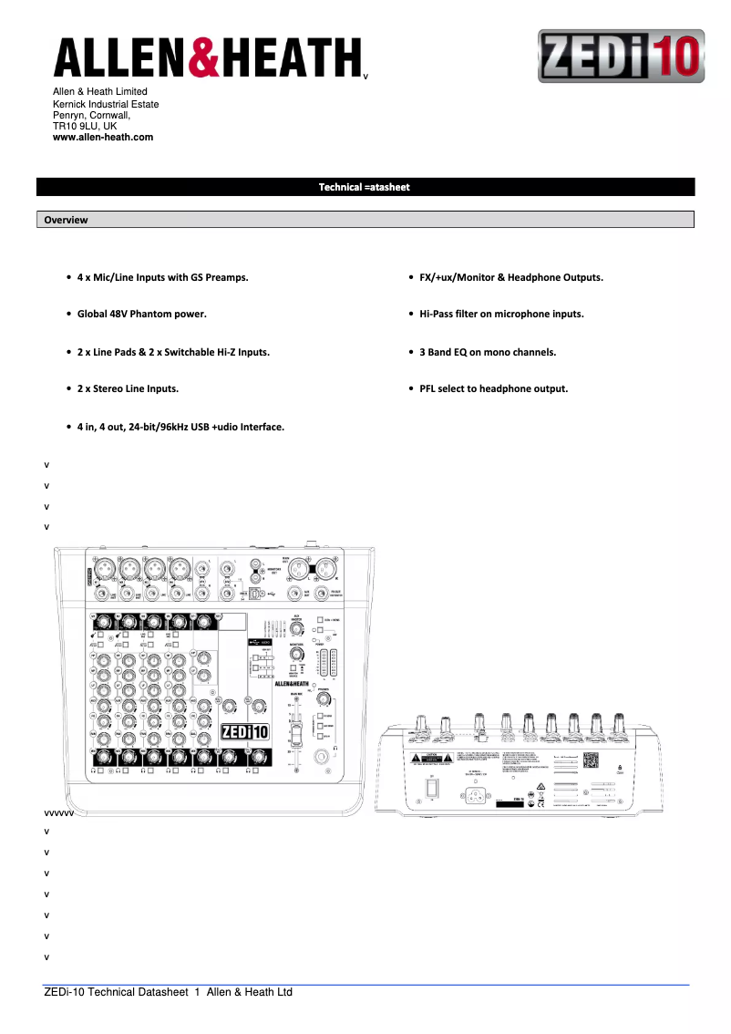 Page 1 de la notice Fiche technique Allen & Heath ZEDi-10