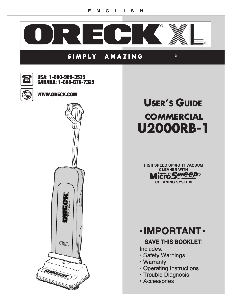 Page 1 de la notice Manuel utilisateur Oreck U2000RB-1