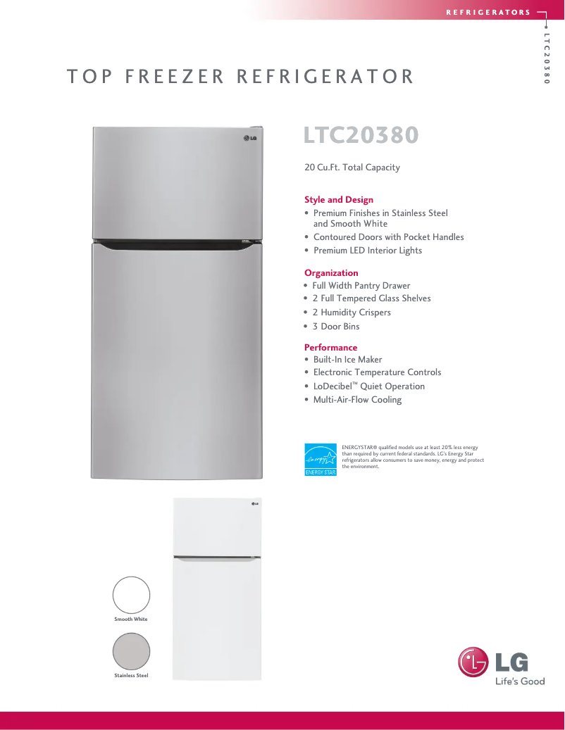 Page 1 de la notice Fiche technique LG LTC20380SW