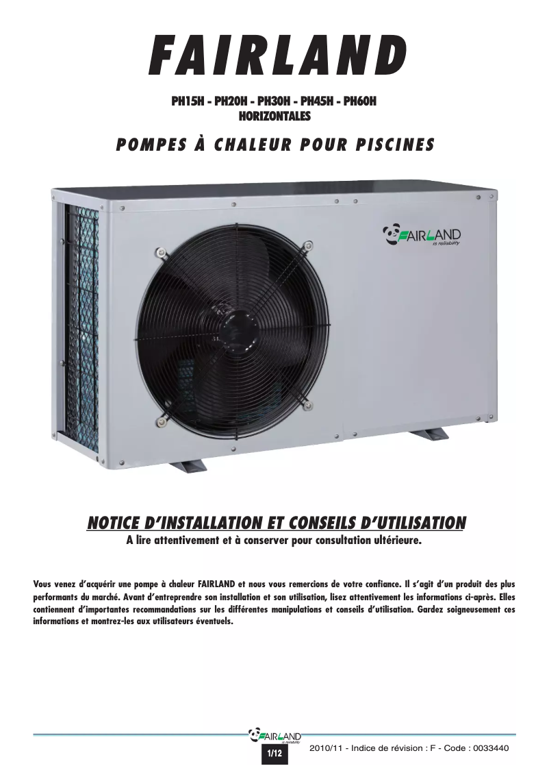Page n°1 - Manuel utilisateur Fairland PH60H