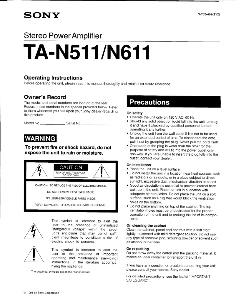 Page n°1 - Manuel utilisateur Sony TA-N611