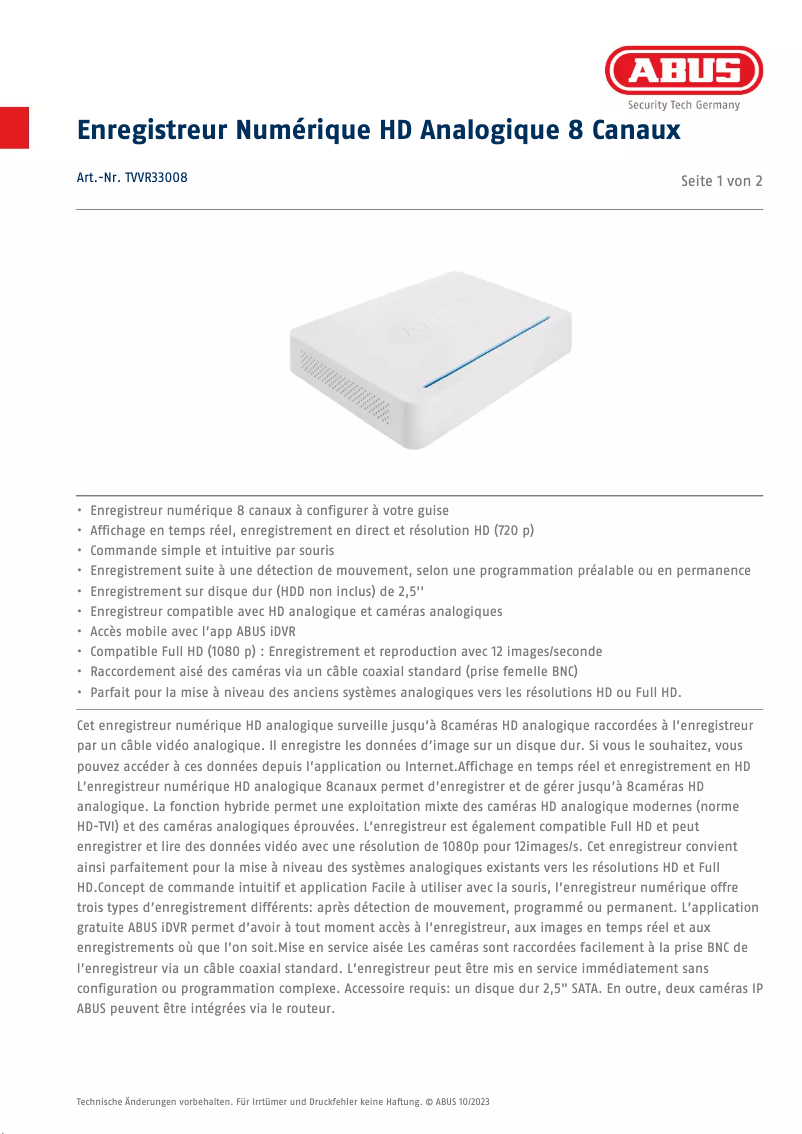 Page n°1 - Fiche technique Abus TVVR33008