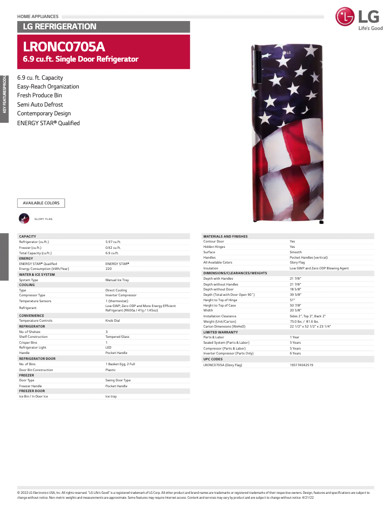Page 1 de la notice Fiche technique LG LRONC0705A