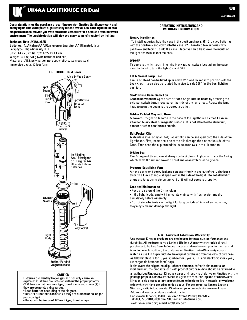 Page 1 de la notice Manuel utilisateur Underwater Kinetics UK4AA
