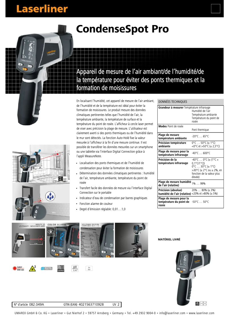Page 1 de la notice Fiche technique Laserliner CondenseSpot Pro