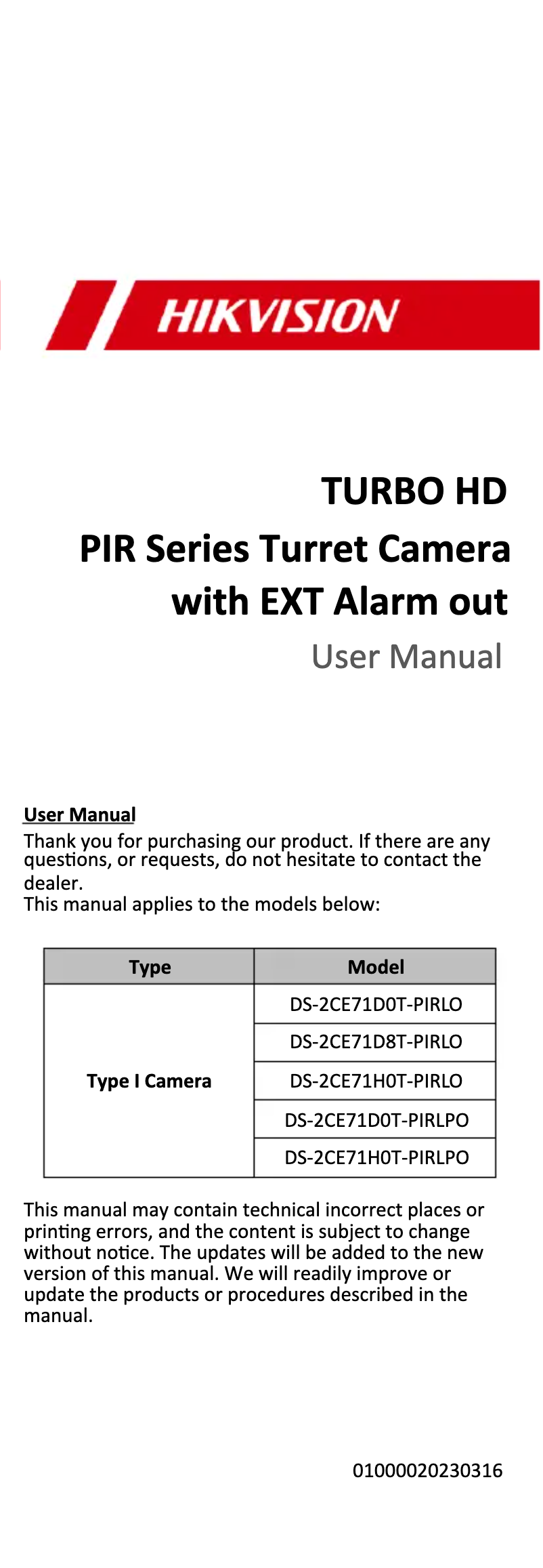 Page 1 de la notice Manuel utilisateur Hikvision DS-2CE71D0T-PIRLO