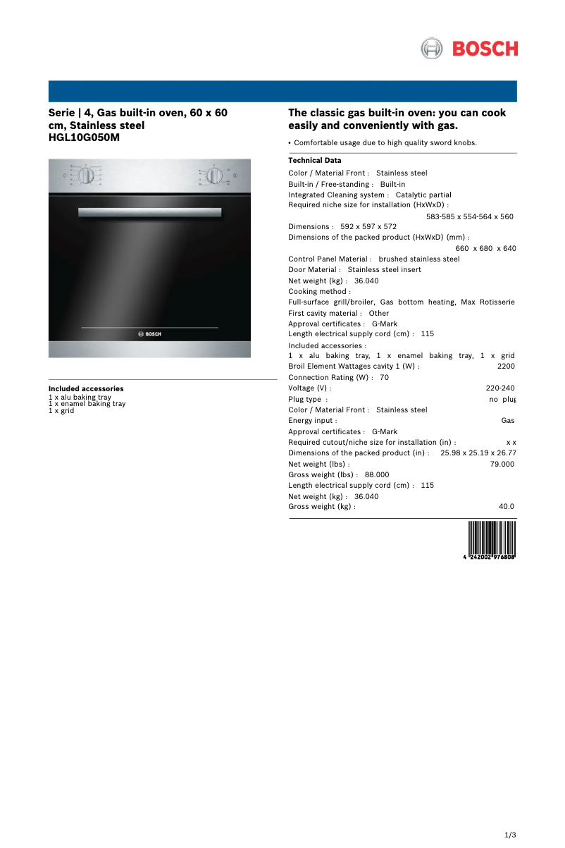 Page 1 de la notice Fiche technique Bosch HGL10G050M