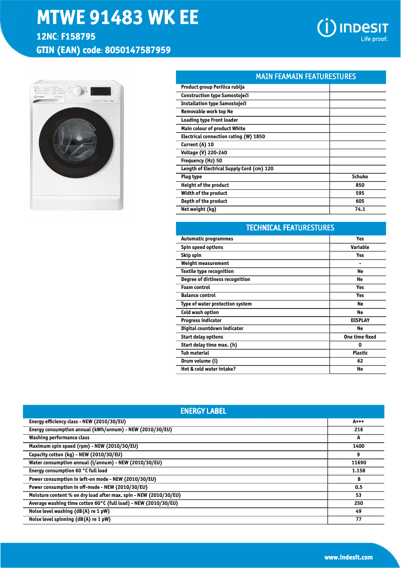Page n°1 - Fiche technique Indesit MTWE 91483 WK EE