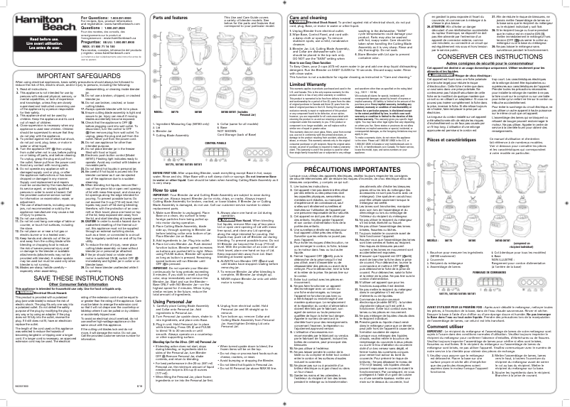 Page 1 de la notice Manuel utilisateur Hamilton Beach 58180