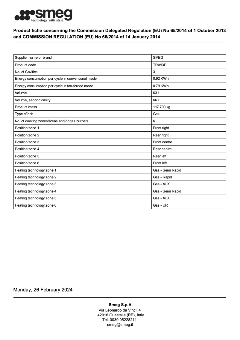 Page 1 de la notice Fiche technique Smeg TRA93P