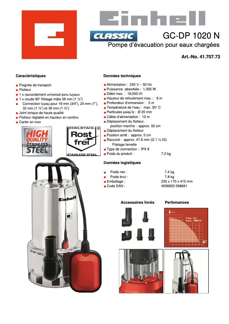 Page n°1 - Fiche technique Einhell GC-DP 1020 N