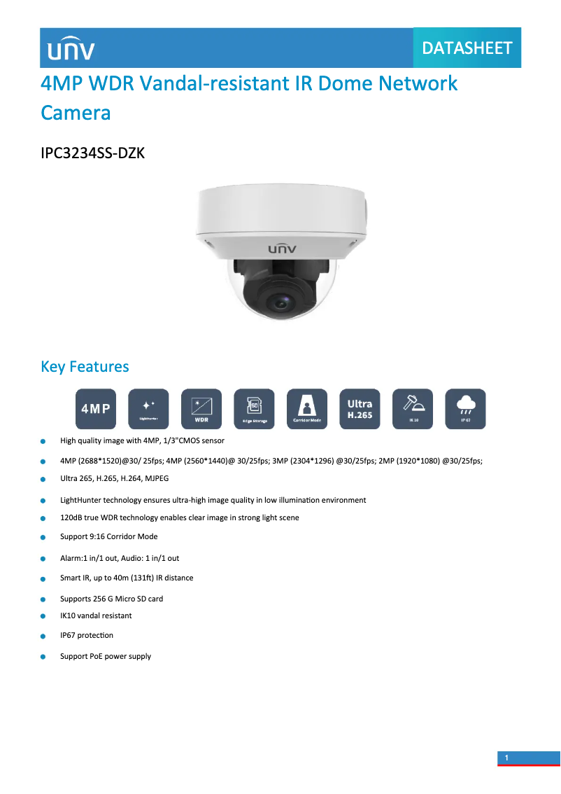 Page 1 de la notice Fiche technique UniView IPC3234SS-DZK