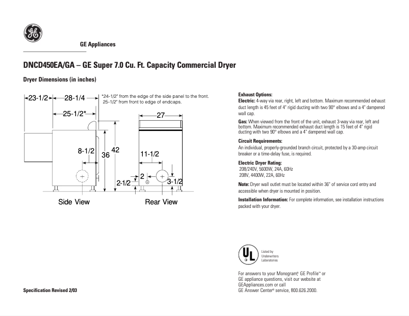 Page n°1 - Fiche technique GE DNCD450EAWC