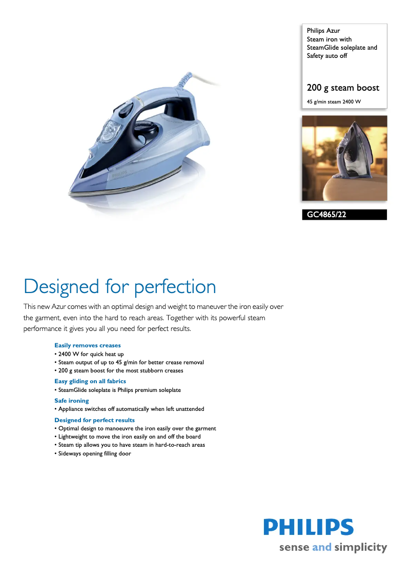Página 1 del manual Ficha técnica Philips Azur Steam GC4865