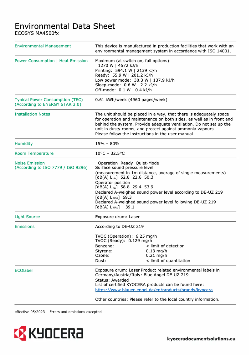 Page 1 de la notice Fiche technique Kyocera ECOSYS MA4500fx