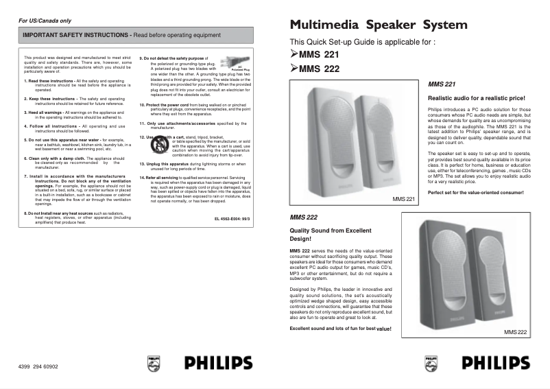 Page 1 de la notice Manuel utilisateur Philips MMS222