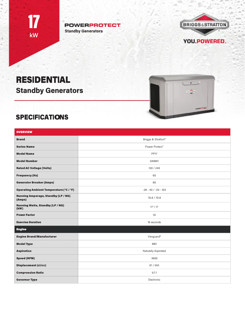 Page 1 de la notice Fiche technique Briggs & Stratton Power Protect 17kW