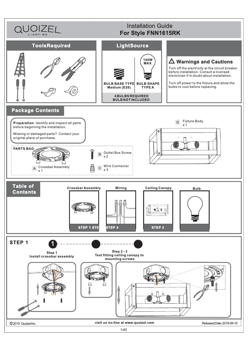 Page 1 de la notice Manuel utilisateur Quoizel Finn FNN1615RK
