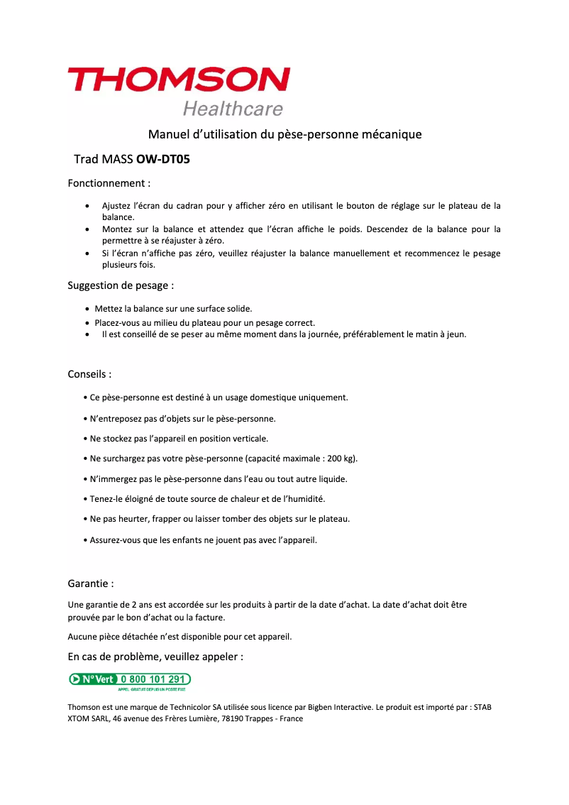 Page 1 de la notice Manuel utilisateur Thomson OW-DT05