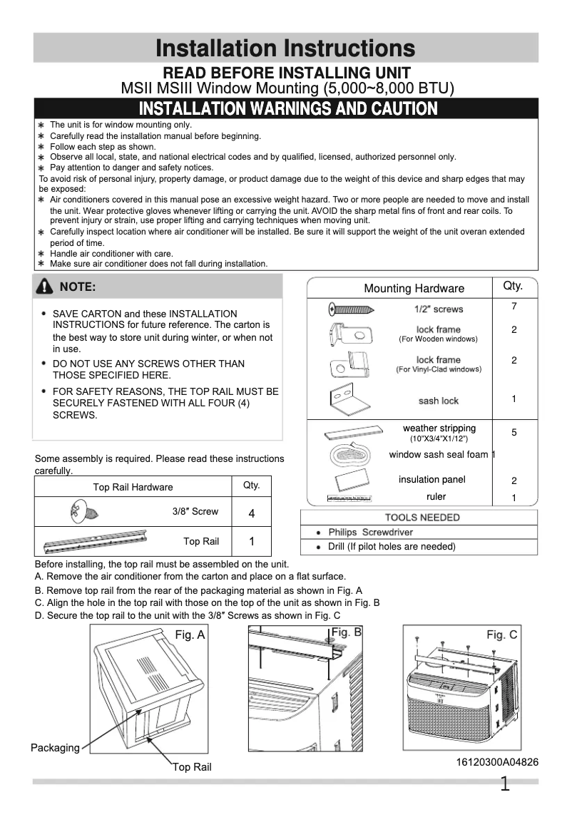 Page n°1 - Guide d'installation Frigidaire FGRC0844S1