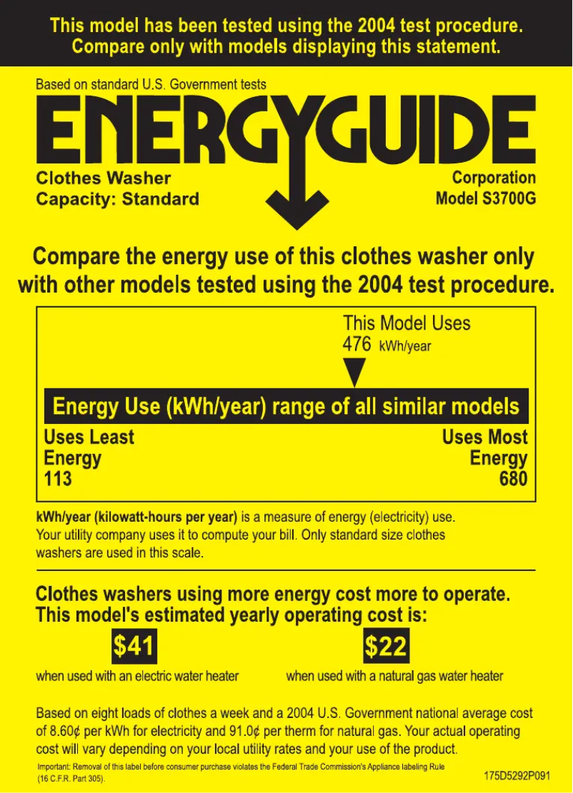 Page n°1 - Label énergétique GE S3700GWW