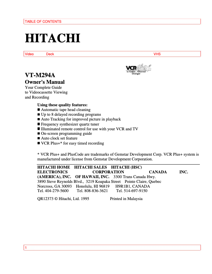 Page n°1 - Manuel utilisateur Hitachi VT-M294A