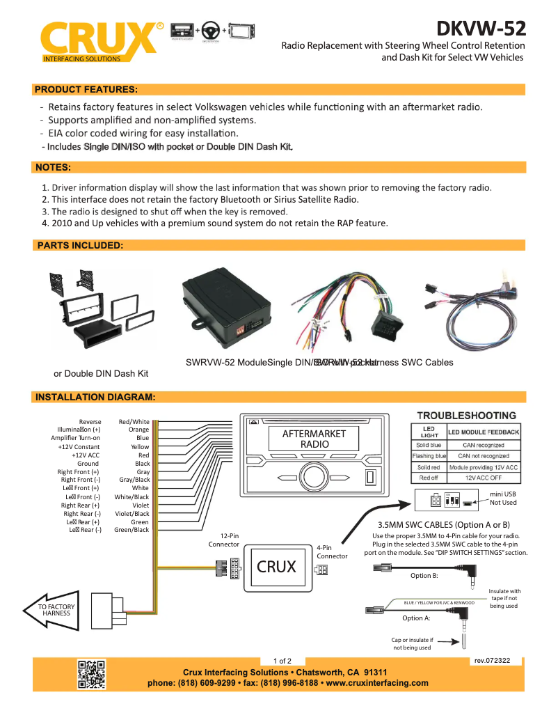 Page 1 de la notice Manuel utilisateur CRUX DKVW-52