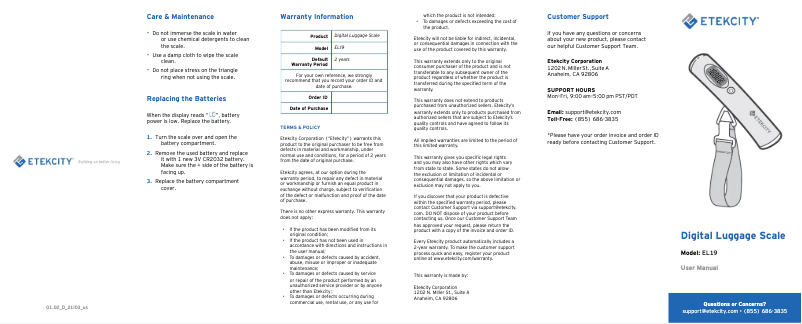 Page n°1 - Manuel utilisateur Etekcity EL19
