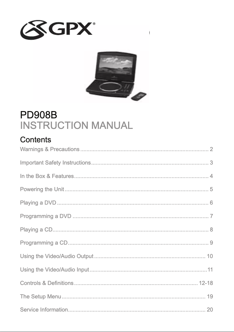 Page n°1 - Manuel utilisateur GPX PD908B