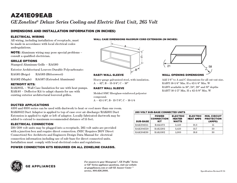 Page n°1 - Fiche technique GE AZ41E09EAB Zoneline