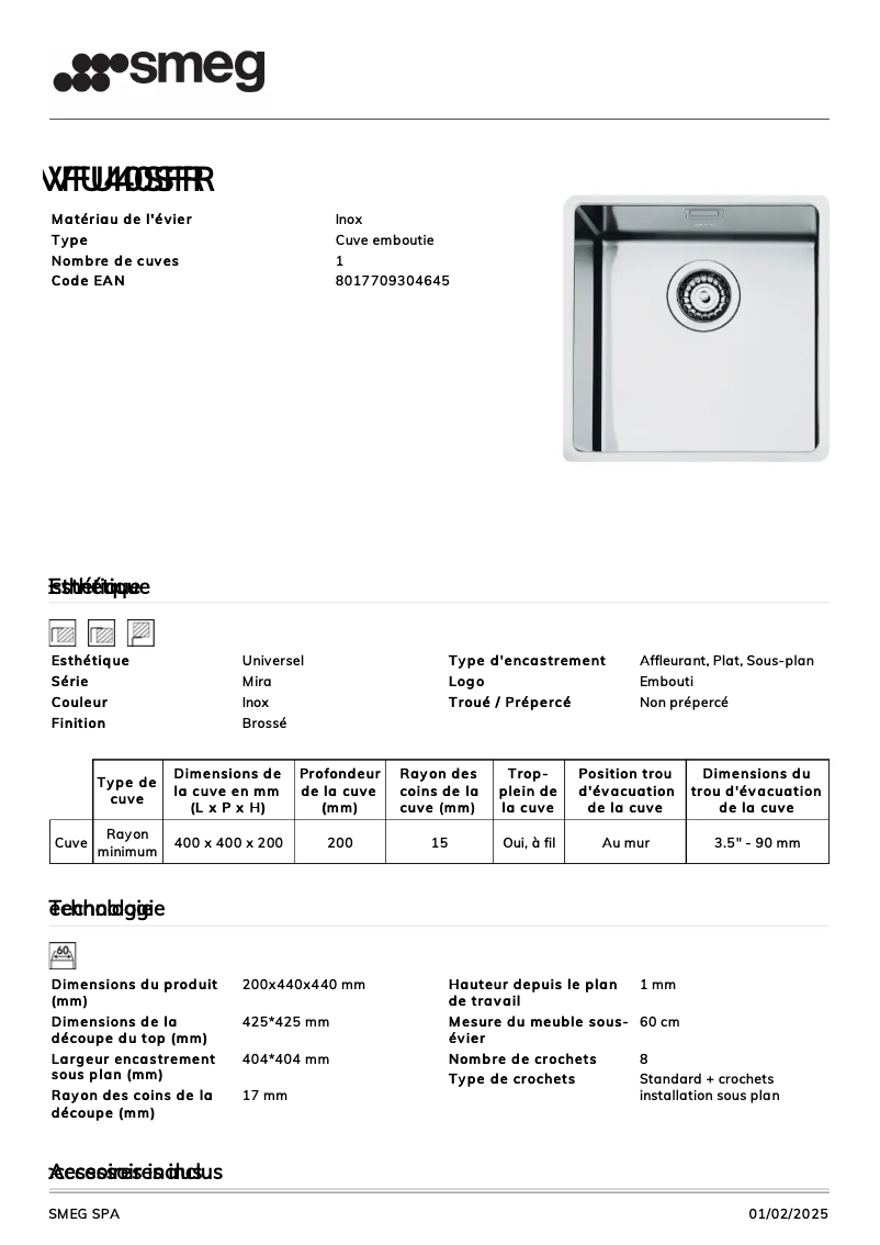 Page 1 de la notice Manuel utilisateur Smeg VFU40SFR