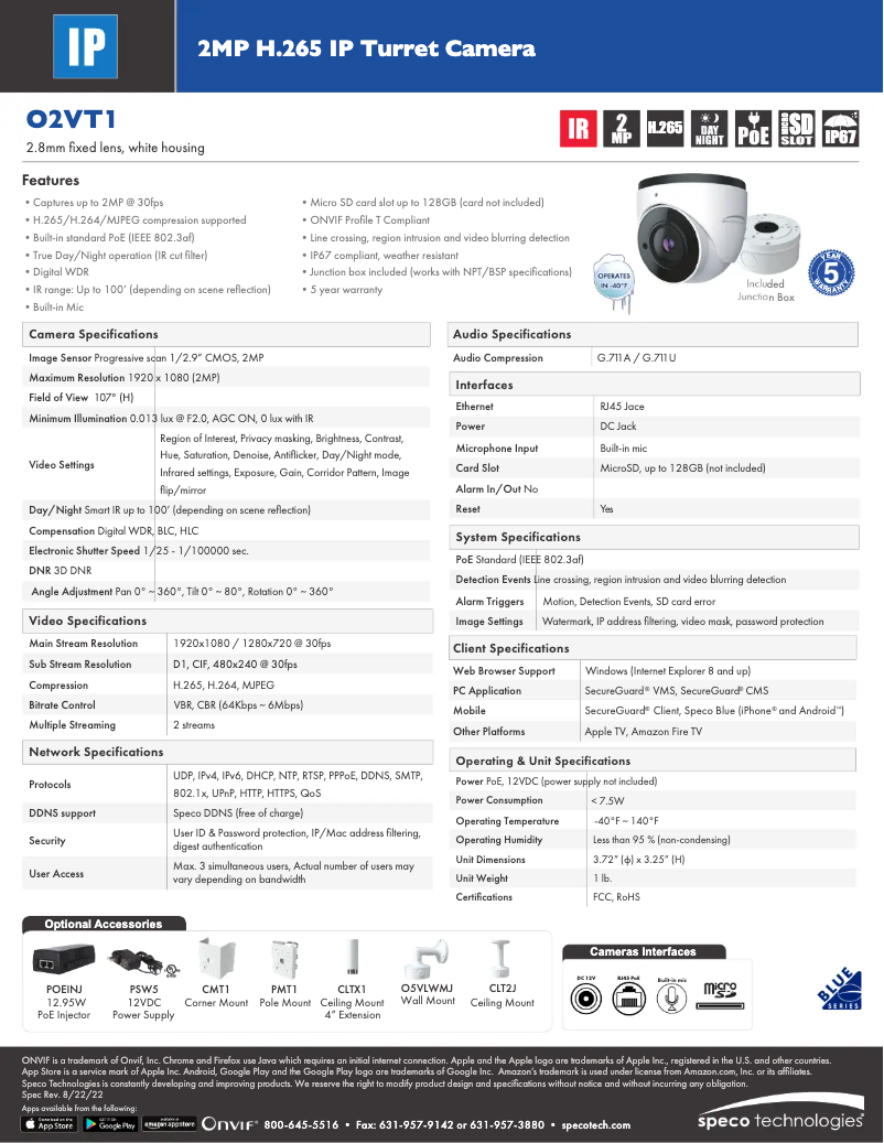 Page 1 de la notice Fiche technique Speco Technologies O2VT1