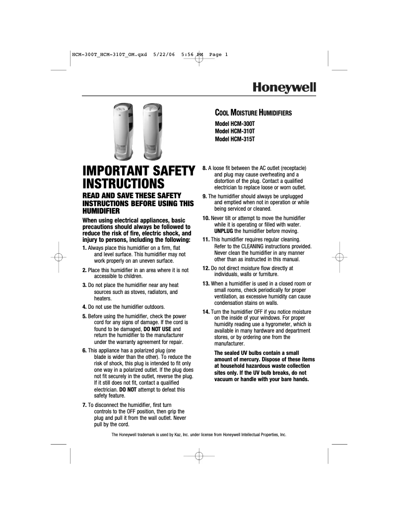Page n°1 - Manuel utilisateur Honeywell HCM-315