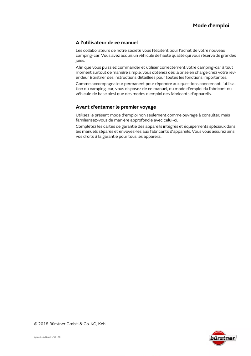 Page 1 de la notice Manuel utilisateur Bürstner Lyseo Time A (2021)