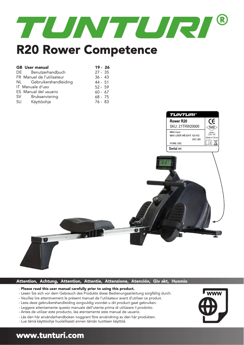 Page n°1 - Manuel utilisateur Tunturi Rower R20
