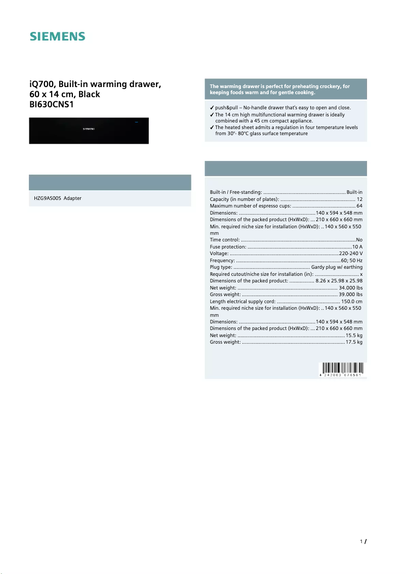 Page n°1 - Fiche technique Siemens BI630CNS1