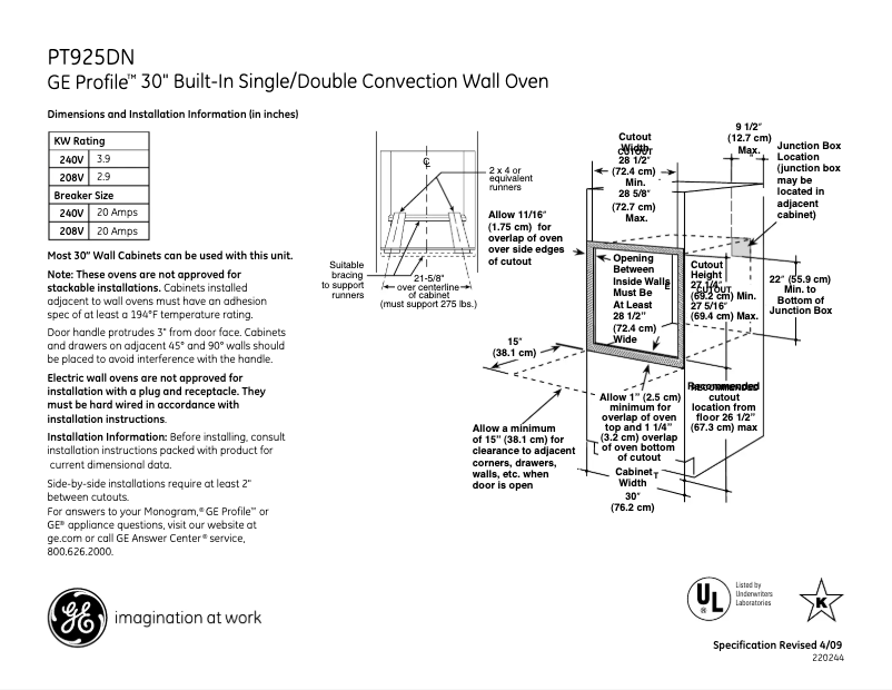 Page n°1 - Fiche technique GE PT925DNBB