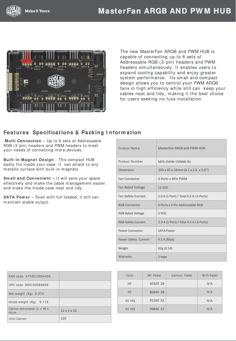 Page n°1 - Fiche technique Cooler Master MasterFan ARGB and PWM HUB