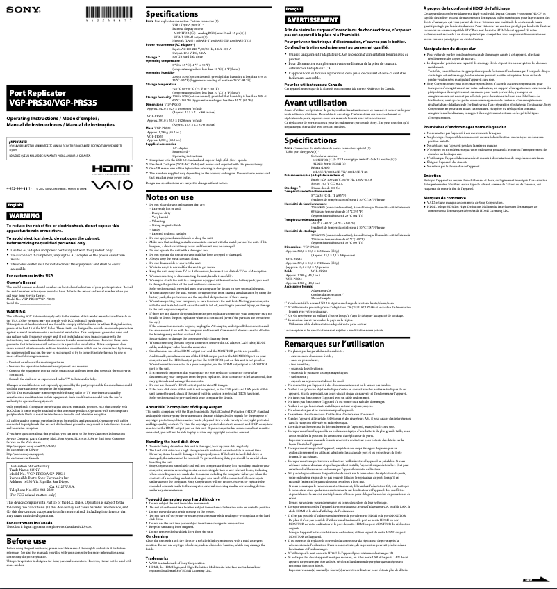 Page 1 de la notice Manuel utilisateur Sony VAIO VGP-PRS35