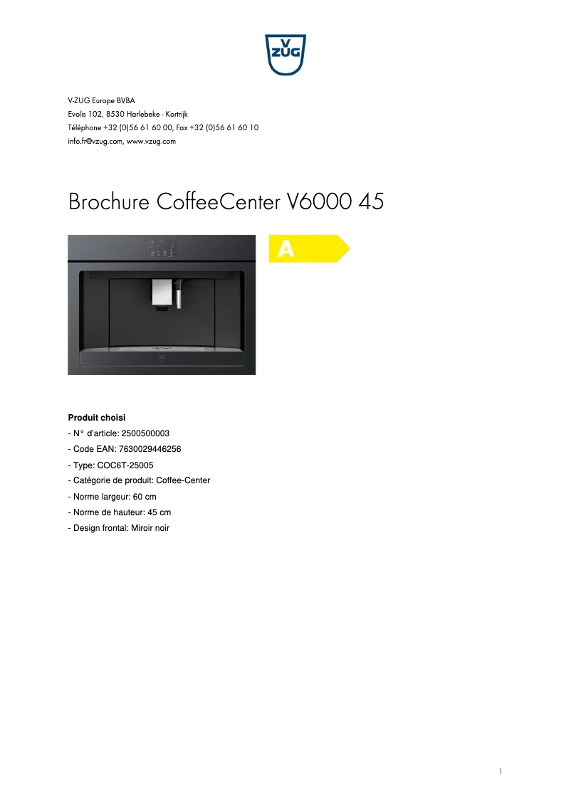 Page 1 de la notice Brochure V-Zug CoffeeCenter V6000 45