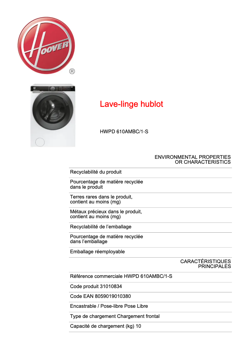 Page n°1 - Fiche technique Hoover HWDP 610AMBC/1-S